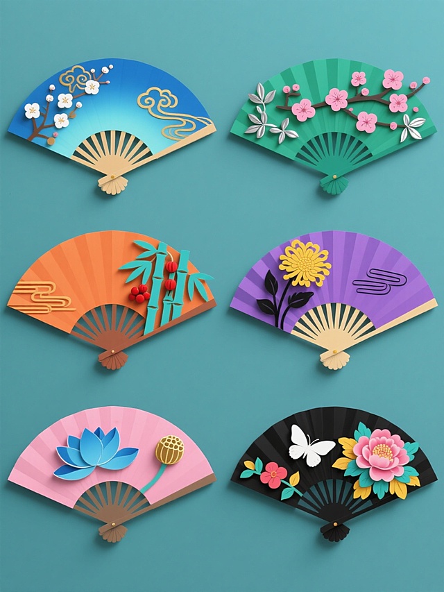 六个不同样式的中国风折扇系列素材集合，规整排布于纯色背景上。每个折扇保持传统扇面结构，但各具特色：1. 蓝色渐变扇面配金色祥云纹与白色梅花；2. 绿色折扇饰以粉色桃花和银色枝叶；3. 紫色扇面点缀黄色菊花与黑色线条；4. 橙色折扇搭配青色竹叶和红色果实；5. 粉色扇面绘制蓝色莲花与金色莲蓬；6. 黑色折扇装饰彩色牡丹与白色蝴蝶。所有折扇均采用类似的剪纸质感和立体层次，整体风格统一且色彩各异，适合作为系列设计素材使用。