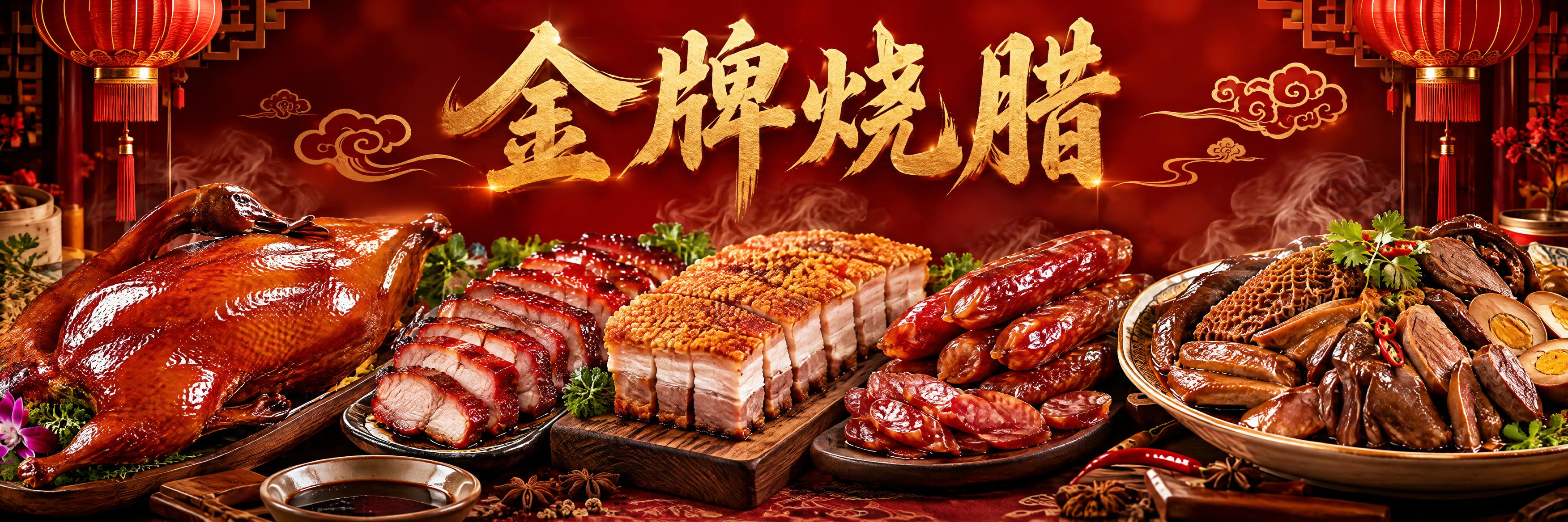 金牌烧腊海报设计，超宽横版海报构图。画面展示丰盛的广式烧腊盛宴… - 图片创意预览