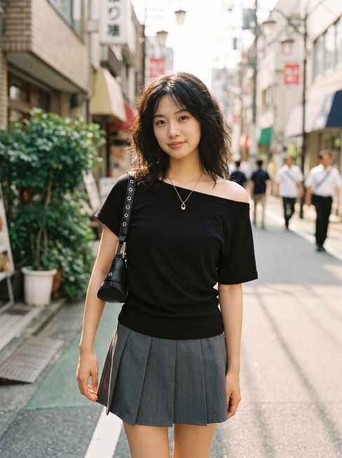 【主体保护指令】请保持参考图 1 中【服装】的款式、颜色、材质、剪裁、图案、版型 与原图一致，不做改动或再创作。画面其余元素（模特、场景、光影、构图）按后续描述生成。
这是一张日系街头风模特穿搭展示图预览效果
