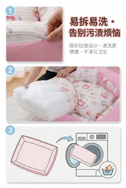电商详情页第十一屏，资深杂志风竖版排版，画面高级有美感，整体风格统一。核心展示嬉引力糖果窝的易拆洗特点，严格还原产品的面料、拉链设计等细节，产品局部比例1:1。左侧为三个拆解步骤图：1. 拉开窝垫隐形预览效果