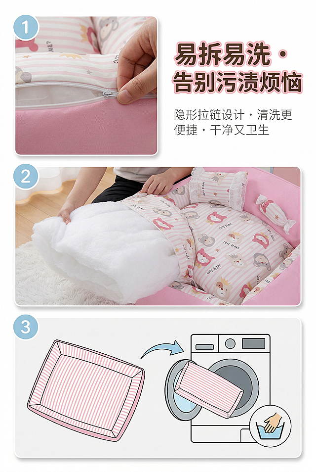 电商详情页第十一屏，资深杂志风竖版排版，画面高级有美感，整体风格统一。核心展示嬉引力糖果窝的易拆洗特点，严格还原产品的面料、拉链设计等细节，产品局部比例1:1。左侧为三个拆解步骤图：1. 拉开窝垫隐形拉链（特写）；2. 取出PP棉内芯（实景）；3. 窝套单独清洗（示意图）；右侧为文字说明区。主标题“易拆易洗・告别污渍烦恼”采用加粗圆润无衬线字体，粉色填充，置于画面上方；副标题“隐形拉链设计・清洗更便捷・干净又卫生”采用纤细无衬线字体，灰色填充，位于主标题下方。背景为白色底色，搭配浅蓝的步骤数字标注。高清画质，步骤清晰，产品细节无偏差，排版精致，风格统一。