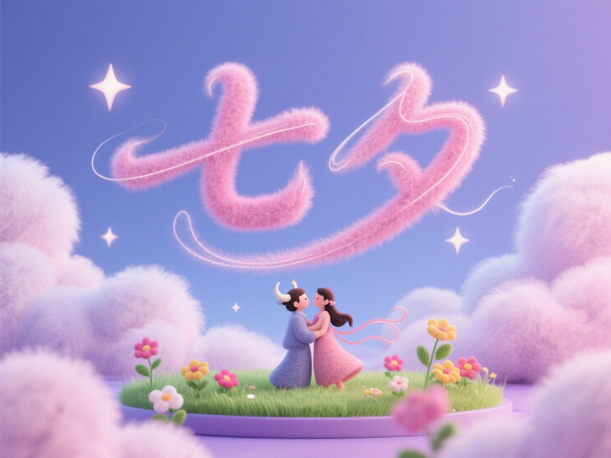 羊毛毡风格，超现实的空间，抽象，牛郎织女依偎在一起，画面中心是粉色的毛绒绒的巨大的手写文字“七夕”，蓬松的云朵，星星，小草，鲜花，以一种梦幻、充满活力和趣味的方式设置舞台，蓝紫粉色调，明亮，艺术预览效果