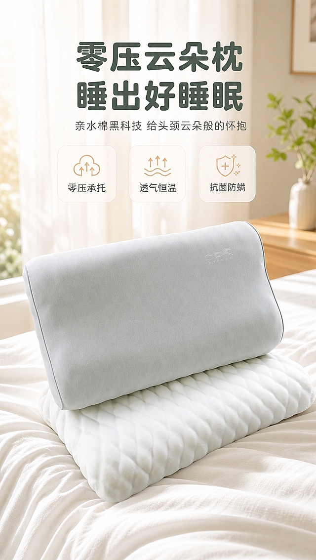 [商品] 使用【图1】浅灰绿色高枕款亲水棉云朵枕；保留枕头的波浪形轮廓、浅灰绿亲肤面料、HYPNOS品牌标识、高枕标签、白色波浪纹内芯的结构和颜色；商品处理：去除标签贴纸，保留面料细腻纹理和缝线工艺，增强面料质感，不改变枕头形状和颜色。
[画面] 首屏氛围海报，目标是营造舒适睡眠氛围、展示产品全貌。枕头置于温馨卧室的白色床品上，晨光透过白纱窗帘洒入，柔和自然光影。枕头占画面约50%，居中偏下位置，上方留白放标题。前景有柔软的白色床单褶皱，中景是枕头主体，后景虚化的卧室环境（白纱帘、木质床头柜一角、绿植）。阅读动线从上到下。
[视觉] 套系策略：风格=清新自然家居商业摄影风；标题字=圆润无衬线粗体；正文字=简洁无衬线体；主色=浅灰绿+米白；背景延展=基于浅灰绿和米白做深浅层级、同色渐变和细腻织物/纸张质感；强调色=暖杏色，仅用于小面积图标、引线和标签；标题色=深灰绿；正文色=中暖灰；组件=圆角浅底信息卡、细线引线、柔和图标；光影=左前侧暖柔光，自然窗边光线感。
[文字] 上方居中主标题「零压云朵枕 睡出好睡眠」，副标题「亲水棉黑科技 给头颈云朵般的怀抱」，下方3个小图标+短卖点：零压承托、透气恒温、抗菌防螨。文字区不遮挡枕头主体。
[规格] 图片比例9:16竖版，4K分辨率，淘宝/天猫详情页风格，中文文案，避免变形、错字、文字过小、冷蓝/蓝灰背景、枕头颜色改变、形状失真、极限词。