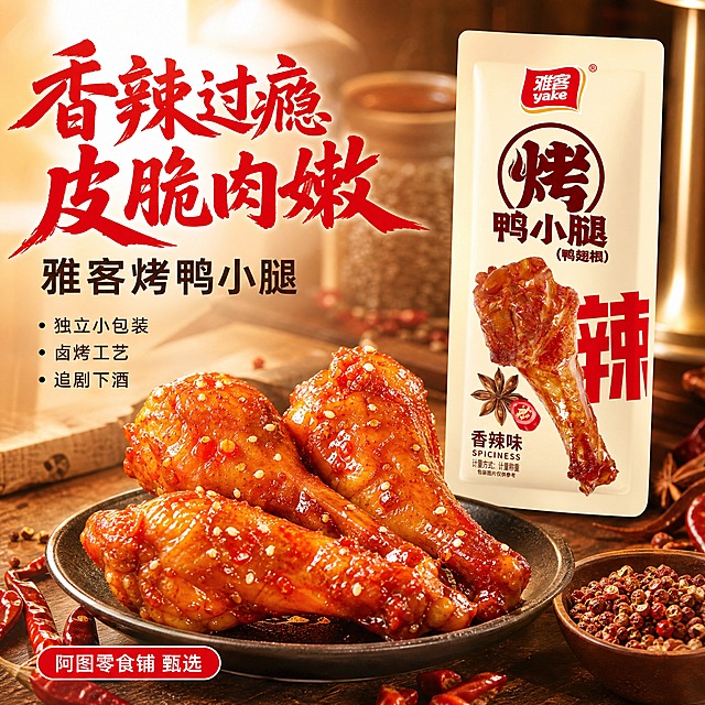 [淘宝阿图零食铺-1:1主图1] 雅客烤鸭小腿香辣味食欲首图。
[氛围风格] 暖红调美食摄影风，热情直接，强食欲冲击，淘宝专业品质感，自然暖光。
[画质] 商业美食摄影质感、光线柔和通透、产品清晰真实、肉质油亮诱人、画面干净高级。
[元素] 画面右侧主体为雅客香辣味烤鸭小腿产品包装袋，前方深色陶瓷盘盛放3只香辣烤鸭翅根，表皮红亮油润，红油光泽闪亮，表面撒白芝麻和辣椒碎，旁缀干红辣椒、八角、花椒。背景暖棕色厨房餐桌，虚化暖光台灯与香料罐。左上角雅客Logo，保持原品牌字形比例。**保持包装袋外观与输入香辣味产品图完全一致，杜绝变形色差**。商品主体占比约65%，满屏无边框。
[光影] 暖阳逆光从右后方打来，穿透表皮形成半透明油亮质感，红油高光清晰，正面柔光补亮肉质，阴影柔和，暖红金调。
[配色] 主色辣椒红、油亮金、深棕；辅色雅客红、香料棕。
[视角构图] 45度俯视偏平视，前中后景分层，景深中等。
[文字版式] 左侧负空间左对齐。主标题「香辣过瘾 皮脆肉嫩」粗笔刷书法大红色最大号粗体。副标题「雅客烤鸭小腿」黑体约半高深棕色。下方三行卖点：「独立小包装」「卤烤工艺」「追剧下酒」，每行前加小圆点，小号黑体。底部红底白字圆角标签「阿图零食铺 甄选」。
[输出要求] 1:1比例，文字清晰，超高清商业摄影质感。
[负向提示词] 变形，文字错乱，产品模糊，背景杂乱，水印，电商平台Logo，多余的手，畸形手。