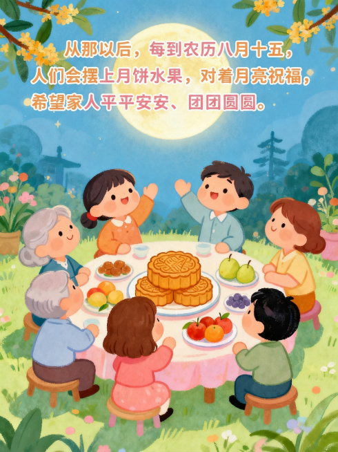 在画面上方添加可爱卡通文字"从那以后，每到农历八月十五，人们会摆上月饼水果，对着月亮祝福，希望家人平平安安、团团圆圆。"，保留原来人们摆月饼的场景，文字清晰易读，适合小朋友，整体明亮马卡龙色系预览效果