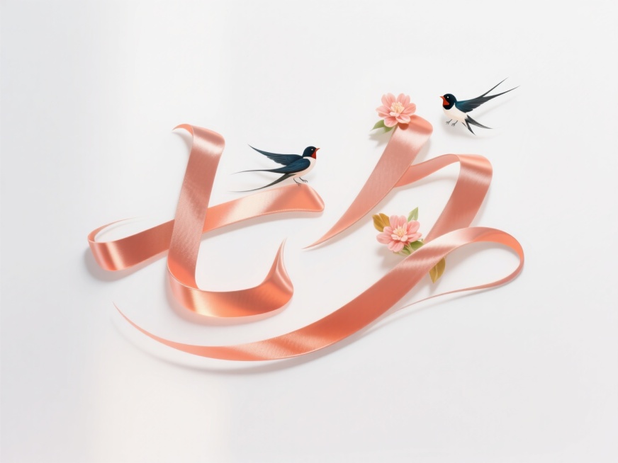 横向文字"七夕"。创意字体设计点缀两只喜鹊、花朵元素，线条流畅，高级感，白色背景，高纯度配色。每个字都由缎带巧妙地弯曲和缠绕构成，字体飘逸秀丽，线条丝谱流畅，增强了立体感和视觉冲击力。整体风格简约而现预览效果
