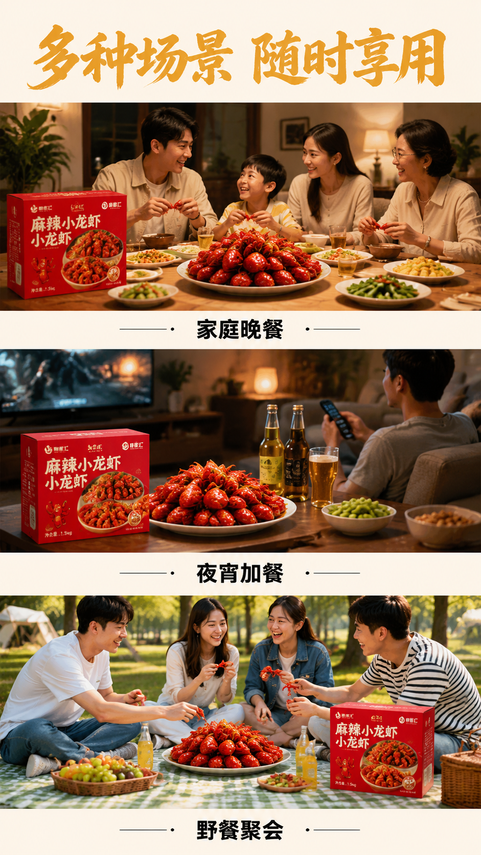 [第6屏] 多场景食用展示屏。 [氛围/风格] 生活化商业美食… - 图片创意预览