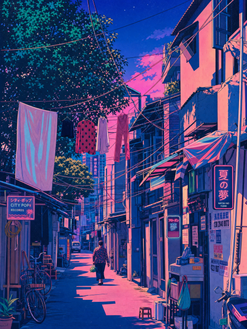 90年代日本都市流行City Pop与蒸汽波Vaporwave艺术插画风格，复古动画美学，城中村老巷场景，狭窄老街、老旧居民自建房、交错电线、晾晒彩色衣物、路边绿植大树、慢行路人、老式自行车，扁平化矢预览效果