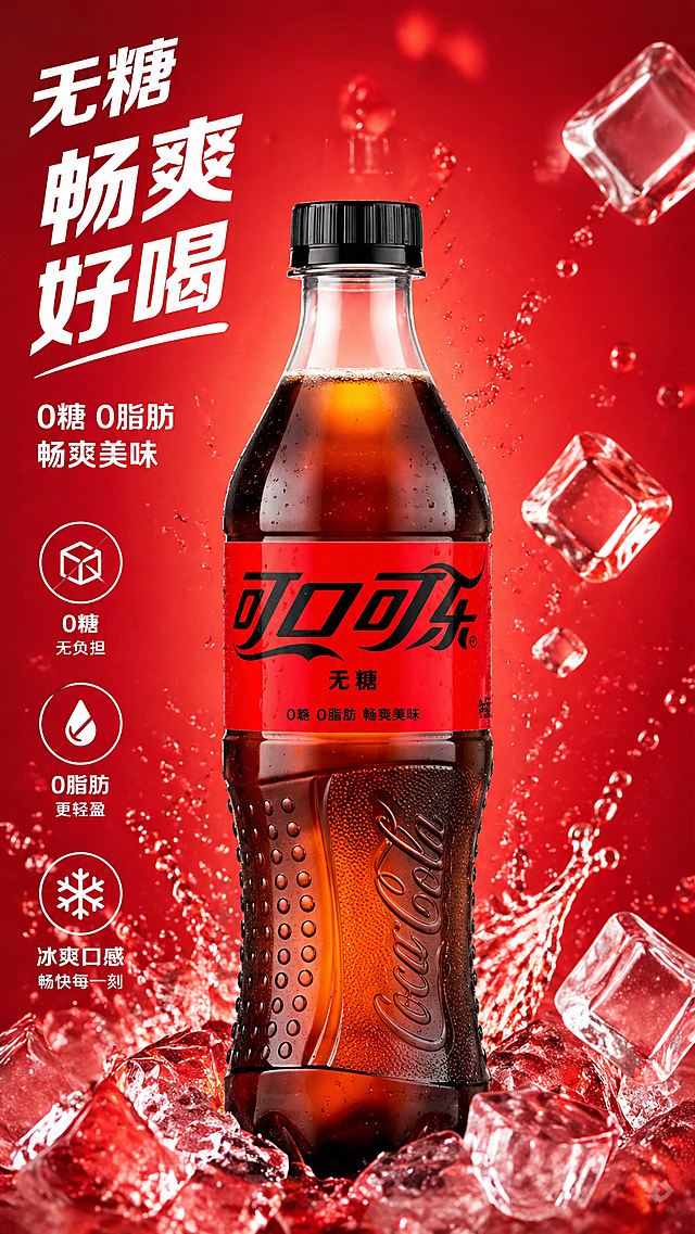 保留这瓶无糖可口可乐，生成一张电商宣传海报，使用清爽红色调风格，突出可乐瓶主体，背景添加气泡和冰块元素，整体简约时尚，适合商品宣传