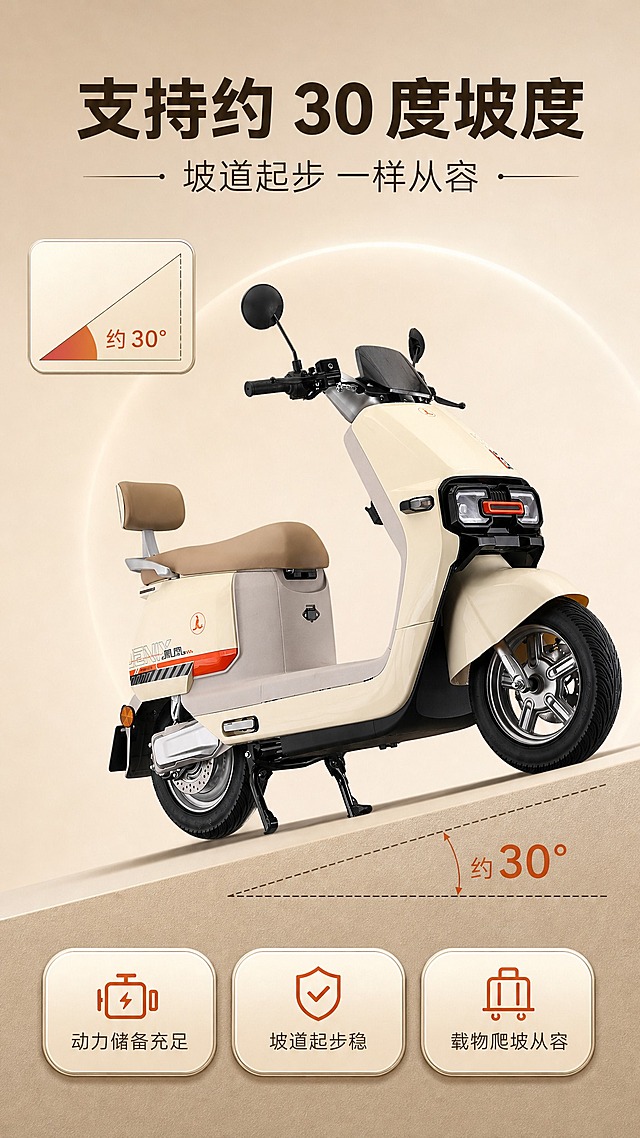[商品] 使用【图1】整车 3/4 前侧全貌、【图2】整车侧视全貌。保留整车结构、比例、配色、座垫与靠背、橙红饰条与红色「凤凰」标识及车身原有文字图案，不得改写、不改色、不换装。\n[画面] 目标：说明支持约 30 度左右坡度。构图：上部标题与副标题；中部大图为整车沿浅卡其 3D 立体坡面向上行驶的姿态（车轮与坡面有真实接触阴影、坡面边缘带细线坡度虚线与约 30° 角标），左上角放坡度角三角示意小卡（标出角度）；下部三枚胶囊横排。背景卡其渐变与柔和光晕，前中后景＝前景坡面与胶囊、中景整车、背景光晕。\n[视觉] 套系策略：风格=卡其色系 3D 高级电商详情风（奶油白与浅卡其主色、3D 圆角立体卡片、产品悬浮投影与地面反射、细线标注）；标题字=现代无衬线粗黑体；正文字=细黑体；主色=浅奶油白到浅卡其渐变；背景延展=卡其同色系深浅渐变加细腻亚麻质感与柔和径向光晕；强调色=暖橙红（仅小面积图标、引线、标签、数字、角度角标）；标题色=深咖啡；正文色=中暖灰；组件=3D 圆角卡片、胶囊参数条、细线标签；光影=左前暖光加右后轮廓光。\n[文字] 主标题「支持约 30 度坡度」；副标题「坡道起步 一样从容」；角度角标「约 30°」；三枚胶囊：「动力储备充足」「坡道起步稳」「载物爬坡从容」。文字全部横排，禁止竖排、旋转、斜排。\n[规格] 图片比例 9:16 竖版，4K；避免：绝对化用语、平台 Logo／水印／二维码、竖排或旋转文字、产品变形、冷蓝冷灰作为主色。负向：变形、错字乱码、车轮悬空、文字过小。