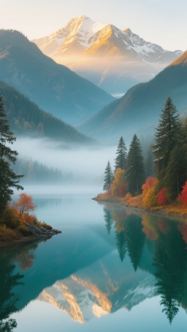 超写实摄影风格，清晨薄雾笼罩的山谷湖泊，湖面如镜倒映着四周层叠的青山与岸边五彩斑斓的秋叶，远处山峦顶部覆盖着皑皑白雪，阳光穿透薄雾洒在山脊上形成温暖的金色光晕，湖岸线蜿蜒曲折，近处水域泛着清澈的蓝绿色涟漪，岸边点缀着几棵挂满露珠的高大松树，整个画面色彩以蓝绿色、金色和橙红色为主，光影柔和，营造出宁静、悠远、梦幻的自然氛围，高清晰度，细节丰富，构图采用三分法，地平线位于画面中下部，强调山水倒影的……预览效果