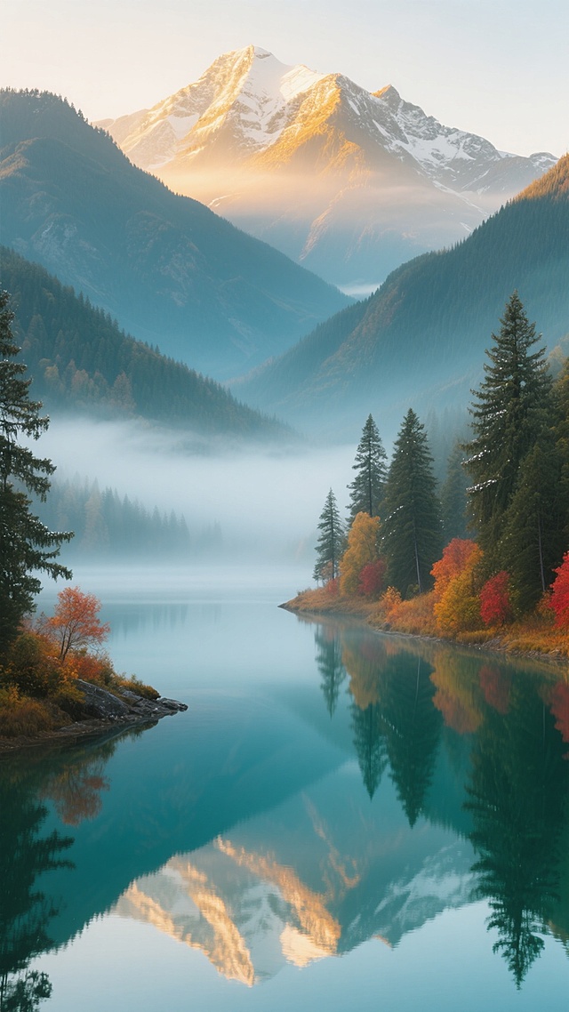 超写实摄影风格，清晨薄雾笼罩的山谷湖泊，湖面如镜倒映着四周层叠的青山与岸边五彩斑斓的秋叶，远处山峦顶部覆盖着皑皑白雪，阳光穿透薄雾洒在山脊上形成温暖的金色光晕，湖岸线蜿蜒曲折，近处水域泛着清澈的蓝绿色涟漪，岸边点缀着几棵挂满露珠的高大松树，整个画面色彩以蓝绿色、金色和橙红色为主，光影柔和，营造出宁静、悠远、梦幻的自然氛围，高清晰度，细节丰富，构图采用三分法，地平线位于画面中下部，强调山水倒影的对称美感。