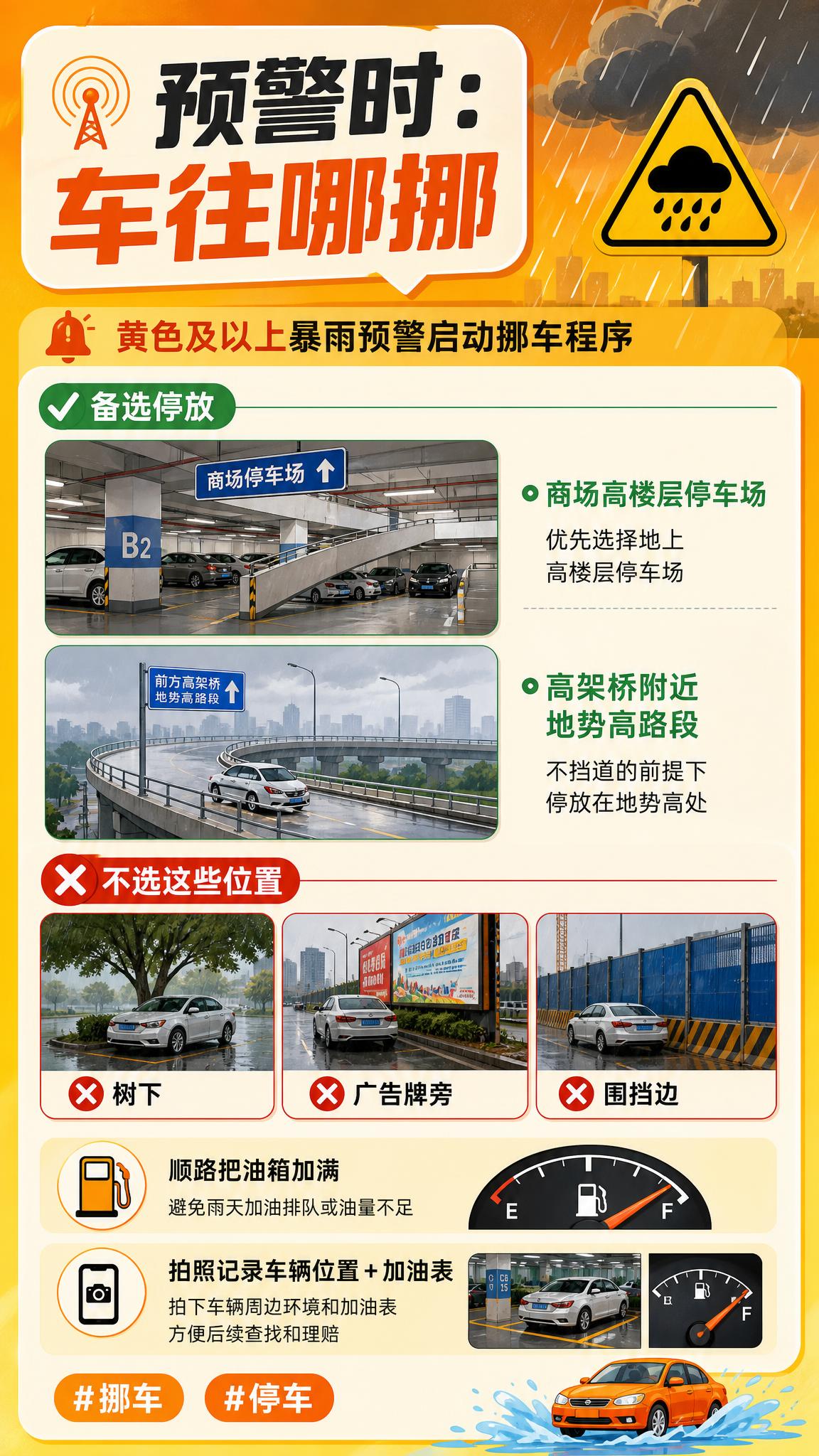 小红书风格信息卡，暴雨预警挪车主题，9:16竖版，橙黄色预警色… - 图片创意预览