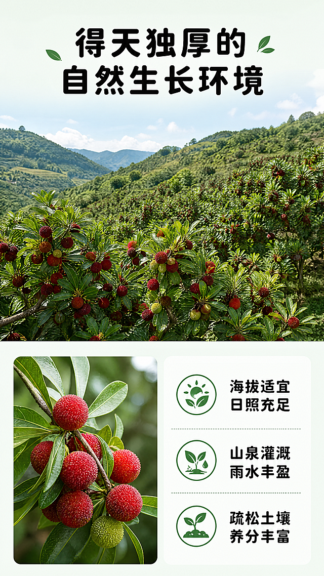 [第4屏] 种植环境展示屏-仙居东魁杨梅优越生长环境。
[氛围/风格] 自然清新生态风，实拍果园质感，绿色自然氛围感。
[元素布局] 画面上半部分是仙居山地杨梅园实景，漫山遍野的杨梅树，枝头挂满青色红色杨梅，郁郁葱葱；画面下半部分左右分栏，左侧放整颗带叶杨梅实景图，右侧文字说明优势。保持杨梅颜色和输入图一致。
[光影质感] 自然日光均匀照射，整体明亮通透，山林光影自然，前景清晰，背景轻度虚化。
[配色色系] 全局底色：#F2F9F4（浅绿白）；主体配色：#5A9B5E（山林深绿）+#ED3448（杨梅红）；辅助色：#111111（文字黑）。延续圆角黑体字形，仅黑色文字，纯色填充，风格统一。
[视角构图] 上下构图，上全景下分栏信息，层次清晰，远景自然景深。
[文字版式] 顶部大标题「得天独厚的自然生长环境」居中，分栏文字：「海拔适宜 日照充足」「山泉灌溉 雨水丰盈」「疏松土壤 养分丰富」分点展示，配简约绿叶图标，清晰易读。字形沿用圆角黑体，字色仅黑色，纯色填充，和首屏保持一致。
[比例分辨率] 9:16竖版比例，4K分辨率，文字清晰可辨，超高清。
[负向提示词] 杨梅颜色不对，文字错乱，排版混乱，过度滤镜，虚假环境，水印。