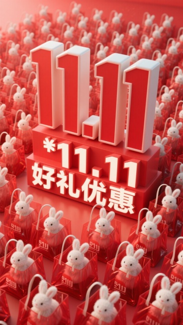 大量红色半透明购物袋整齐排列，每个购物袋内都放着重复相同的主体白色毛绒兔子，每个袋子上印有醒目的 “11.11”，俯视，背景为红色，热闹的促销氛围，下方为3D大字立牌“11.11 好礼优惠”。预览效果