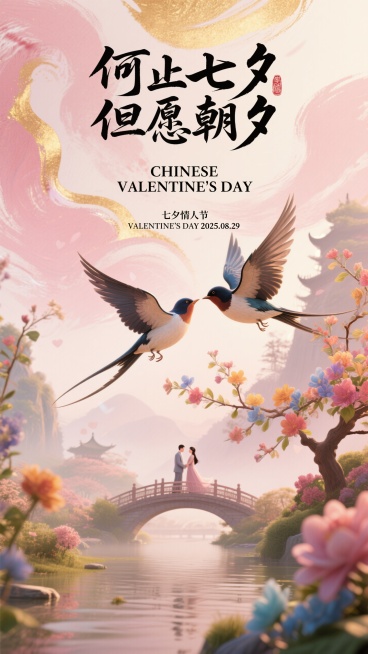中国风七夕主题，粉金水墨背景、比翼鸟、花枝，浪漫、古典且温馨的氛围。 隐约看到鹊桥，跟情人对拥。画面有空间层次，书法字体   
海报顶部文字 ：何止七夕 但愿朝夕 CHINESE VALENTINE'预览效果