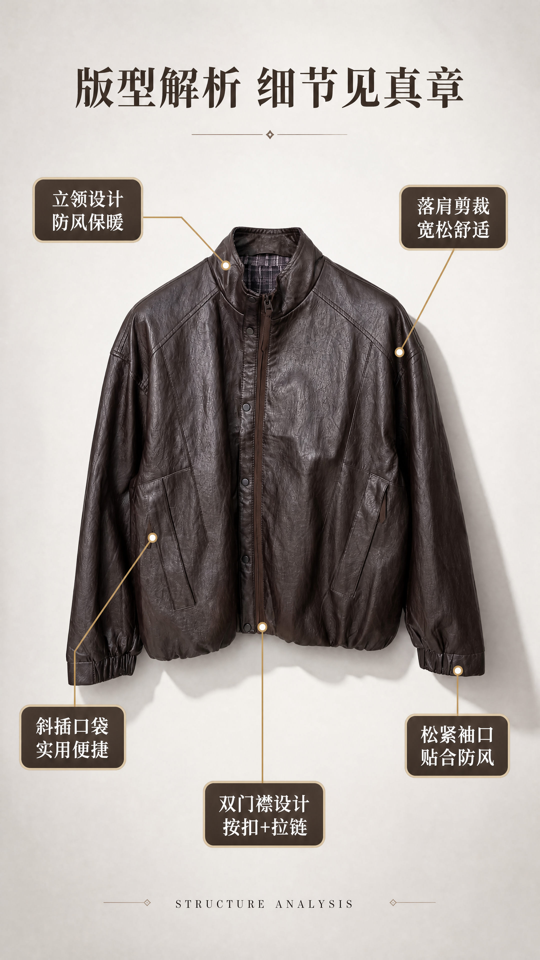 [第3张] 版型解析页-复古棕立领PU皮夹克多角度结构解析。本… - 图片创意预览