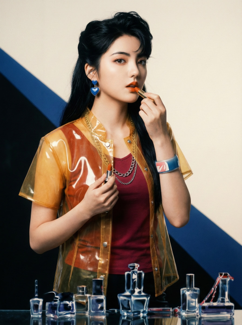 请把左图人物的面部特征替换到右图上面去。发型、衣服和姿势与右图保持一致。写实摄影风格，女性，黑色长发，涂橙红色口红的动作，身穿透明短袖外套（半透明的泛黄塑料材质—— 质感像略微旧化的 PVC 薄膜，表预览效果