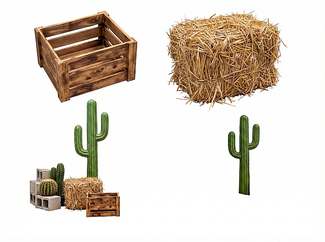 单独抠出图片中的方形木箱、草垛、仙人球和水泥方砖，去掉其他所有元素，保留每个装饰完整轮廓，背景为纯白色