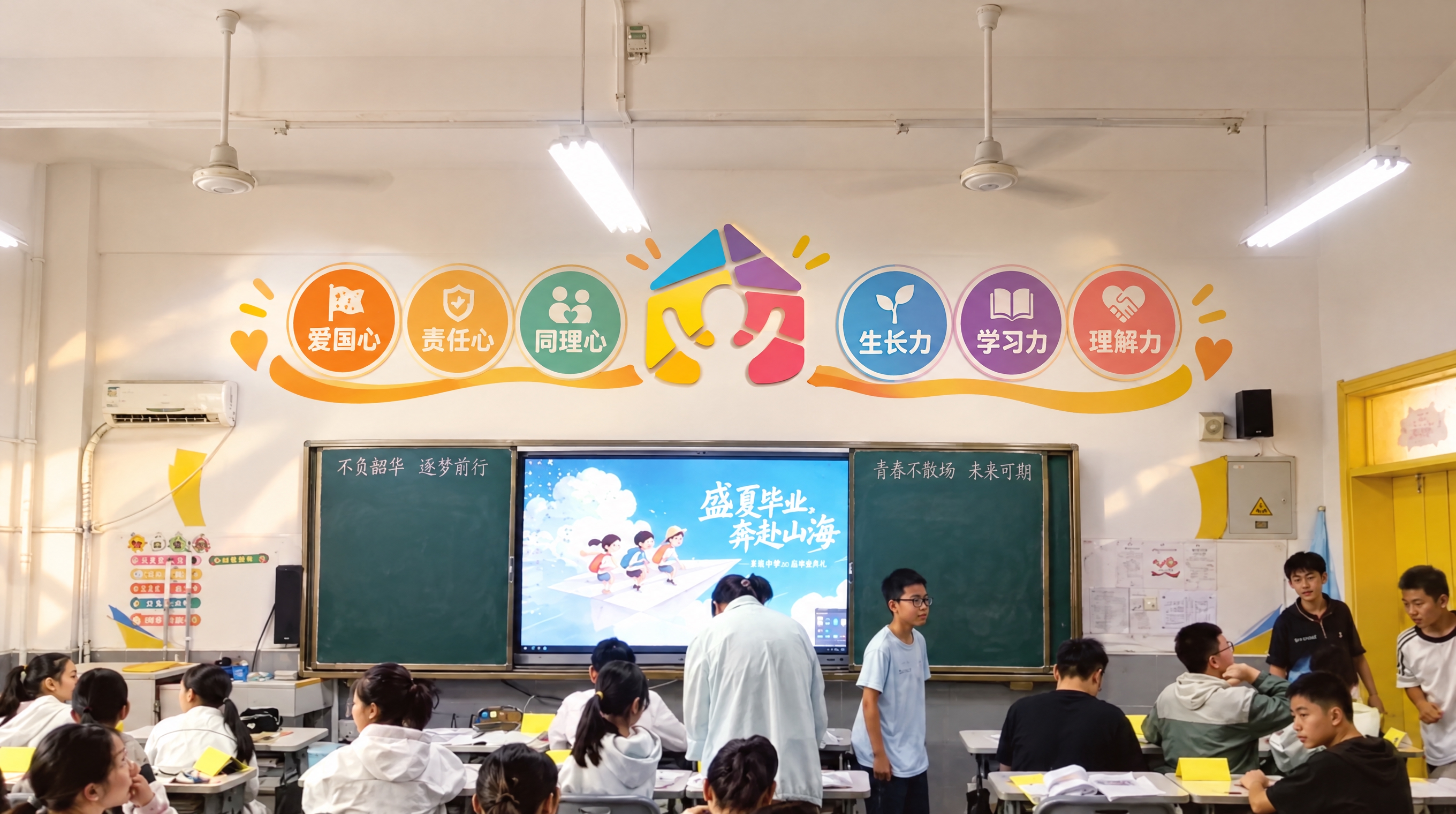 教室黑板上方白墙的文化墙设计，中间放置彩色房屋形状标志（黄、蓝… - 图片创意预览