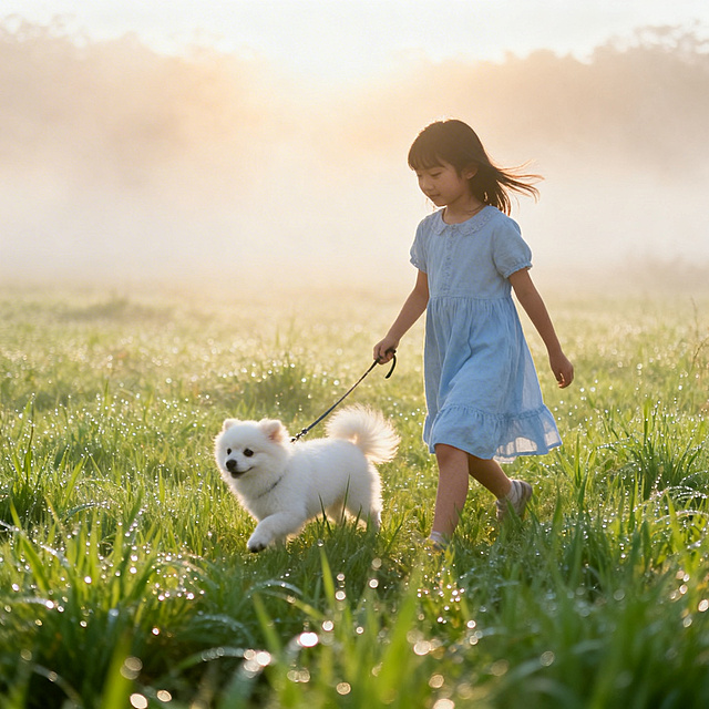 清晨时分，柔和的暖金色阳光倾洒在青翠的草地上，草叶上还沾着透亮的晨露，一个穿着清新服饰的女孩牵着一只软萌的小狗在草地上漫步，微风轻拂，氛围明亮温暖，充满治愈的清晨氛围感，色调清新柔和