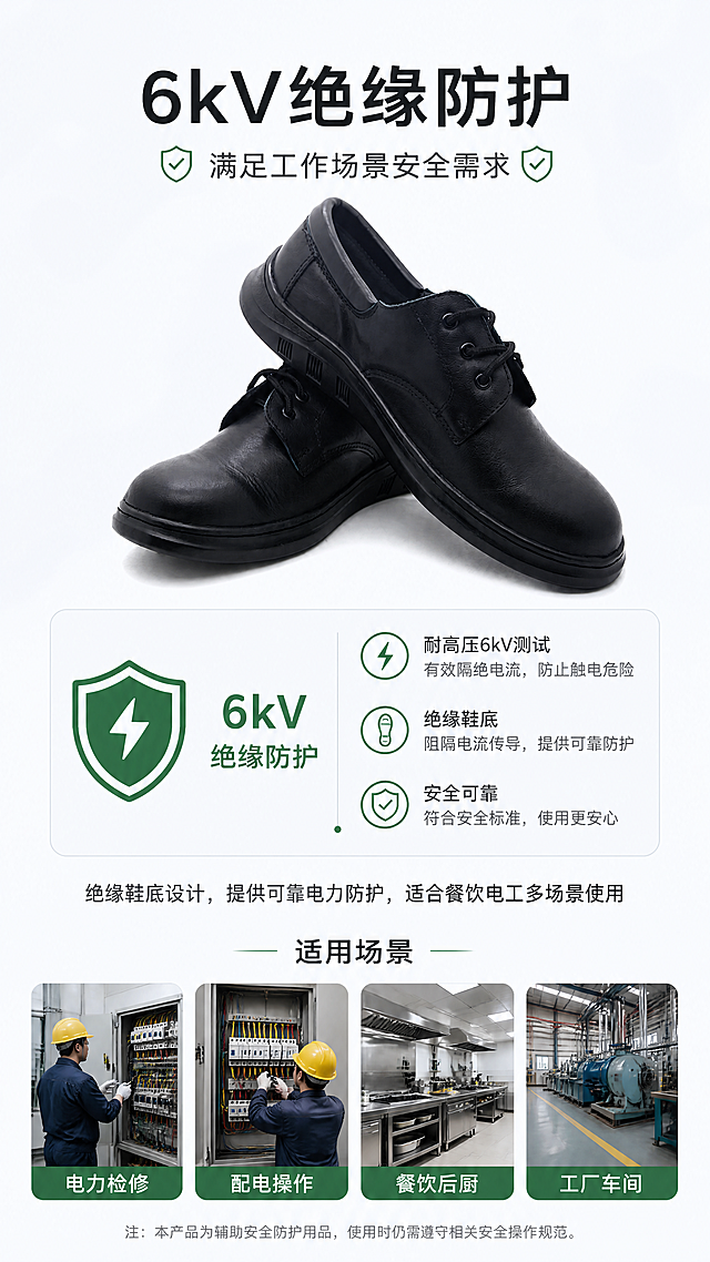 [第5屏] 6kV绝缘安全防护卖点说明屏。本屏使用【图7】作为产品主体展示。[氛围/风格] 专业安全科普风格，严谨可信，符合京东平台调性。[元素布局] 产品斜放占据画面中上部，占比约65%，保留产品黑色外观与结构和原图一致；中部放置绝缘性能说明图标和文字，底部补充适用场景。[光影质感] 均匀柔和布光，产品清晰展示，整体干净通透。[配色色系] 全局底色 #F0F4F8，主色黑色产品，深灰色文字，辅助绿色安全标识。[视角构图] 产品在上，说明在下，流畅阅读。[文字版式] 主标题「6kV绝缘防护」，副标题「满足工作场景安全需求」，正文说明「绝缘鞋底设计，提供可靠电力防护，适合餐饮电工多场景使用」，文字大小适中，移动端清晰可读。[比例分辨率] 9:16竖版比例，分辨率4K，高清画质。[负向提示词] 产品变形，颜色偏差，虚假夸大标注，文字错乱，遮挡主体