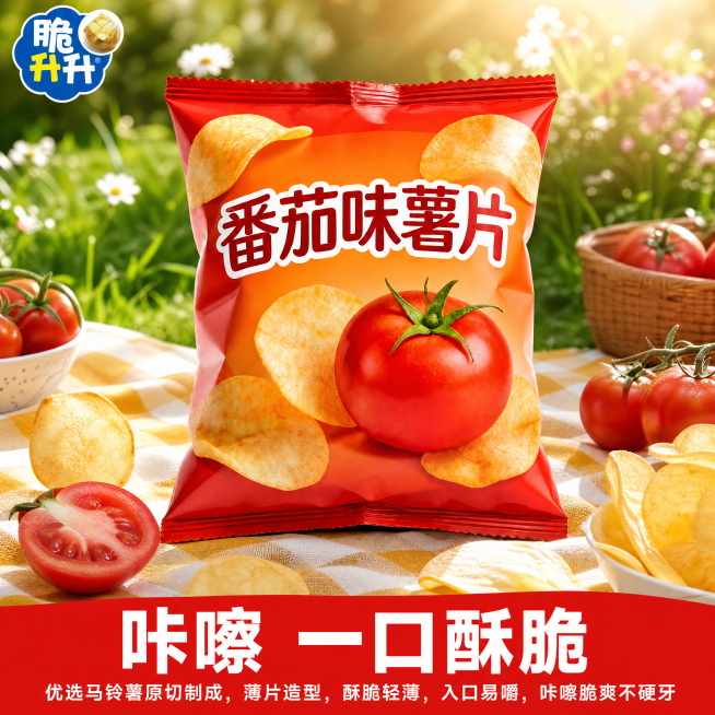 [主图-1] 番茄味薯片电商首图，参考参考图的风格和配色，提取参考图的红黄色调+户外野餐氛围，复刻爆款版式。
[氛围风格] 夏日清新野餐风，食欲感满满的零食主图，视觉冲击力强。
[画质] 商业摄影质感预览效果
