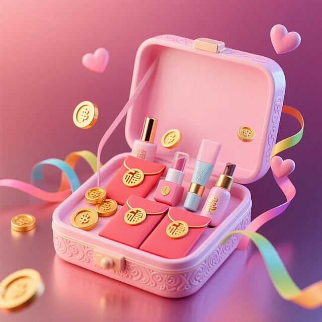 一个礼盒，里面有红包、金币、美妆商品，点缀彩带、爱心，粉色渐变背景