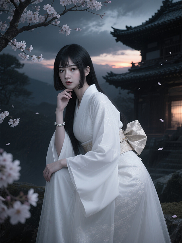 杰作游戏《荣耀战魂》风格画面，黑暗之魂风格，夜幕下的，暗黑基调透出青灰冷调。日式美女，公主切，长发。华丽白色薄款日式长裙，白色长袖。白色皮肤，手链。景深。樱花树，樱花花瓣。微微低头，左手放在下巴上，看向镜头。清冷。低饱和颜色。多云，黄昏夕阳，古代和风建筑。真实感