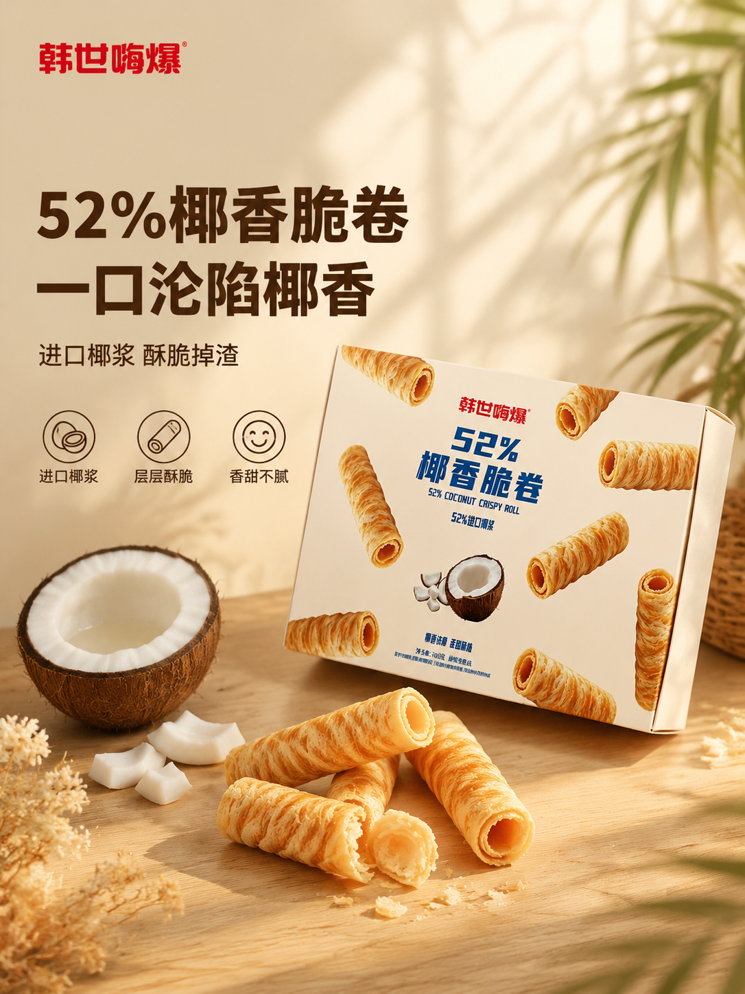 [单张主图] 韩世嗨爆52%椰香脆卷 高级氛围感零食场景电商主… - 图片创意预览