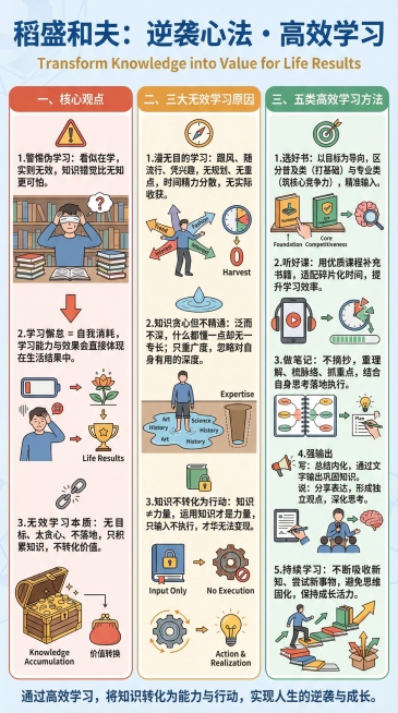 稻盛和夫：逆袭心法・高效学习一、核心观点1.警惕伪学习：看似在学，实则无效，知识错觉比无知更可怕。2.学习懈怠 = 自我消耗，学习能力与效果会直接体现在生活结果中。3.无效学习本质：无目标、太贪心、不预览效果