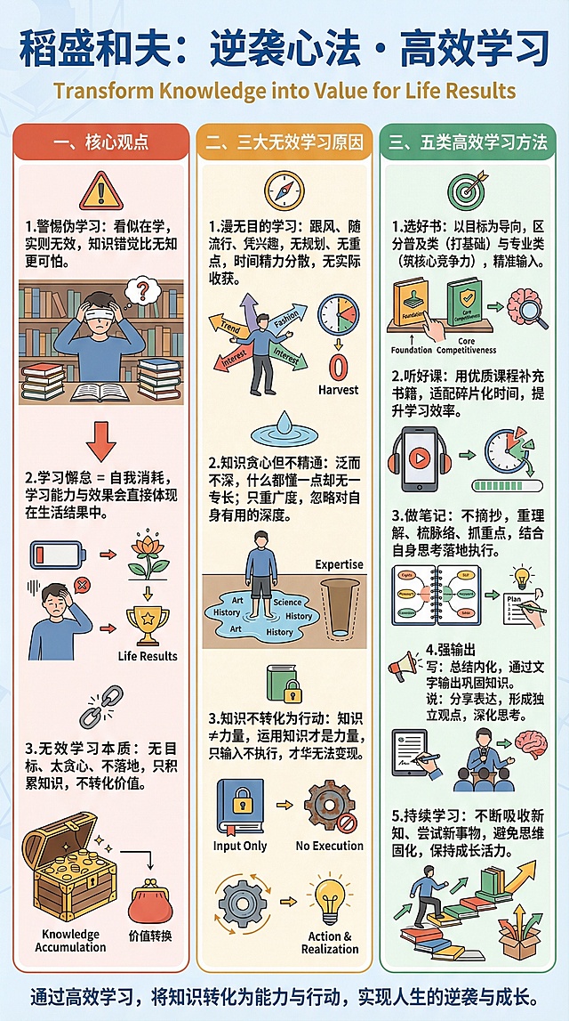 稻盛和夫：逆袭心法・高效学习一、核心观点1.警惕伪学习：看似在学，实则无效，知识错觉比无知更可怕。2.学习懈怠 = 自我消耗，学习能力与效果会直接体现在生活结果中。3.无效学习本质：无目标、太贪心、不落地，只积累知识，不转化价值。二、三大无效学习原因1.漫无目的学习 跟风、随流行、凭兴趣，无规划、无重点，时间精力分散，无实际收获。知识贪心但不精通 2.泛而不深，什么都懂一点却无一专长；只重广度，忽略对自身有用的深度。3.知识不转化为行动 知识≠力量，运用知识才是力量，只输入不执行，才华无法变现。三、五类高效学习方法1.选好书 以目标为导向，区分普及类（打基础）与专业类（筑核心竞争力），精准输入。2.听好课 用优质课程补充书籍，适配碎片化时间，提升学习效率。3.做笔记 不摘抄，重理解、梳脉络、抓重点，结合自身思考落地执行。4.强输出写：总结内化，通过文字输出巩固知识。说：分享表达，形成独立观点，深化思考。5.持续学习 不断吸收新知、尝试新事物，避免思维固化，保持成长活力。