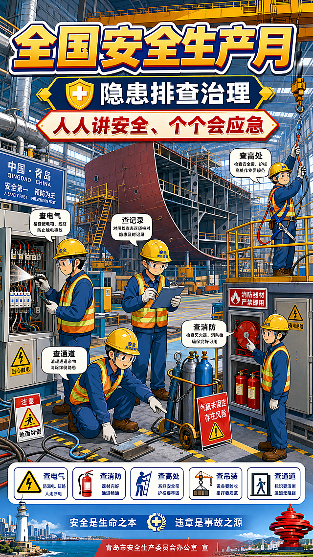 科普漫画，全国安全生产月宣传海报，主题隐患排查治理，船舶工业青岛船厂场景，动漫风格的工人人物在船体生产车间进行安全隐患检查，画面标语包含"人人讲安全、个个会应急"，生产场景真实，配色安全醒目，科普宣传风格