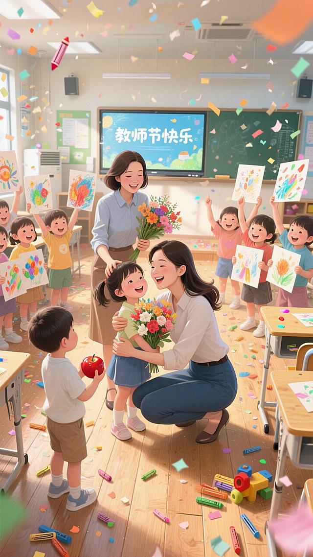 2位女教师，与一群4岁孩子们热情互动，一位老师蹲在地上被一个4岁小女孩紧紧抱住，一位老师站立拿着孩子的画，一位老师站立拿着鲜花，一个小男孩送上一个红苹果，一群孩子们穿浅蓝色校服举起画围绕在周围，背景为现代化多媒体教室，有大电视显示教师节快乐字体，木板地面，幼儿园教室，五彩纸屑，花瓣在空中飘浮，暖黄色温馨光影，阳光从窗户斜射进来，电影感镜头，正视角度，超写实风格，8K，高细节。