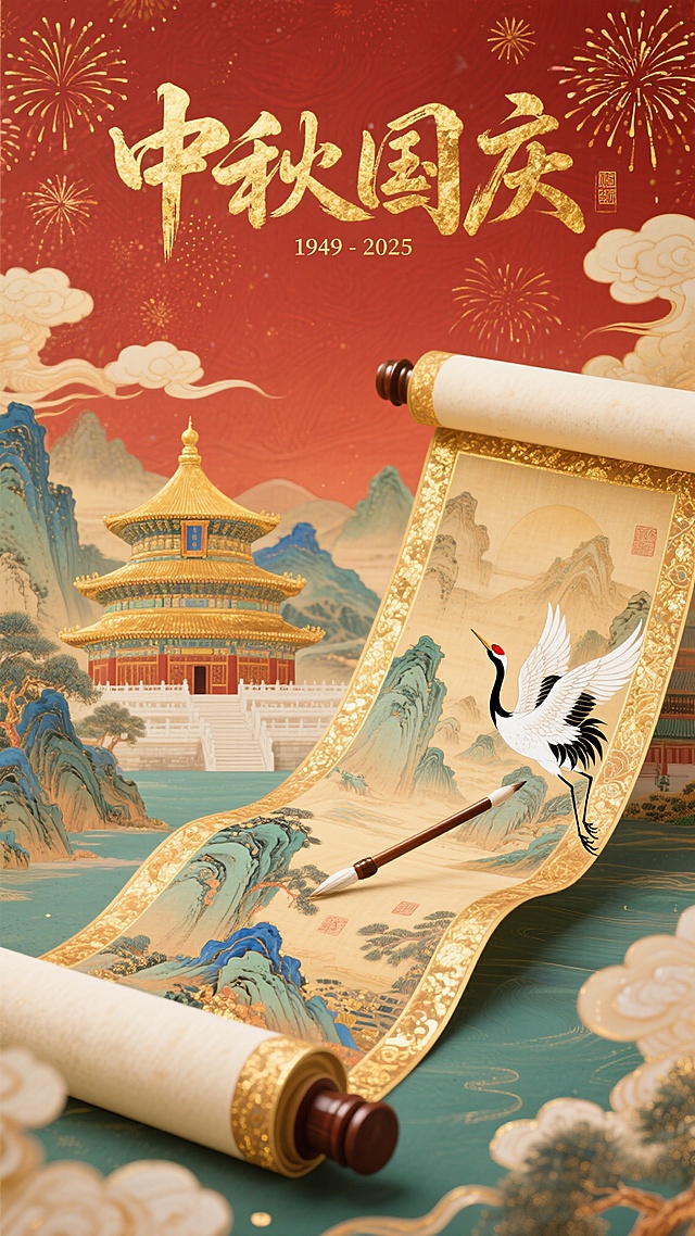 国潮风融合工笔与重拟物手法，鎏金文字辉映古典建筑，卷轴展开山水丹青，仙鹤翩然，烟花璀璨，尽显中秋国庆双节喜庆与民族韵味。