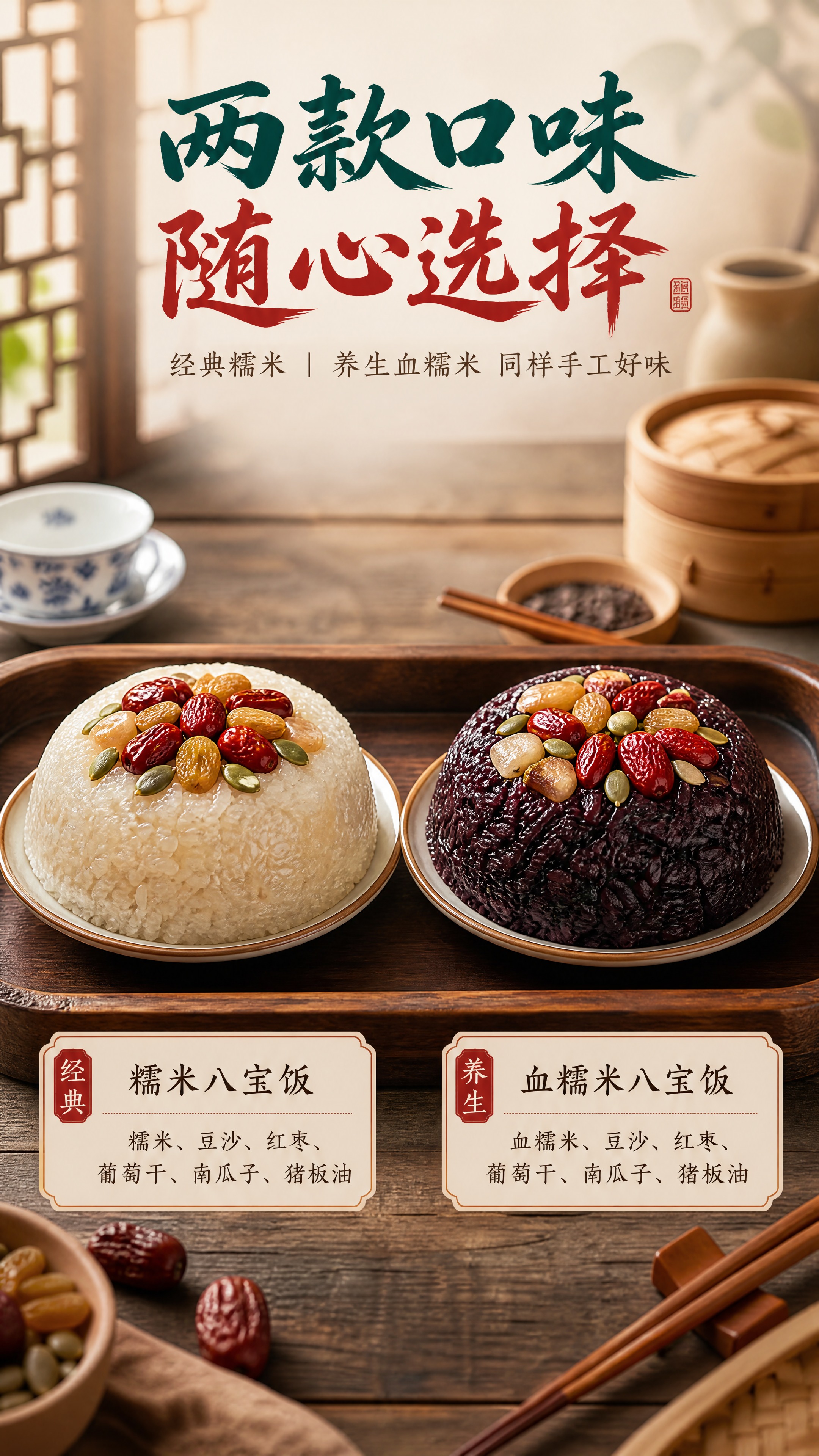[商品] 双口味展示：左侧糯米八宝饭（白糯米色），右侧血糯米八… - 图片创意预览