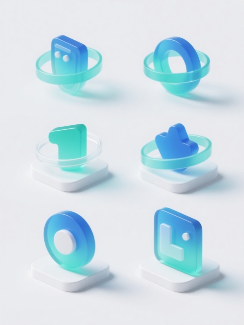 一系列6个完全不同的科技图标元素集合，保持与原图一致的3D立体风格，采用蓝绿色渐变的透明玻璃质感，搭配白色基座和柔和阴影，每个图标都有流畅的环形装饰元素，规整排布在纯白色纯色背景上，整体呈现出简洁、现代的科技感设计。预览效果