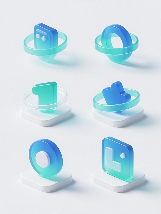 一系列6个完全不同的科技图标元素集合，保持与原图一致的3D立体风格，采用蓝绿色渐变的透明玻璃质感，搭配白色基座和柔和阴影，每个图标都有流畅的环形装饰元素，规整排布在纯白色纯色背景上，整体呈现出简洁、现代的科技感设计。