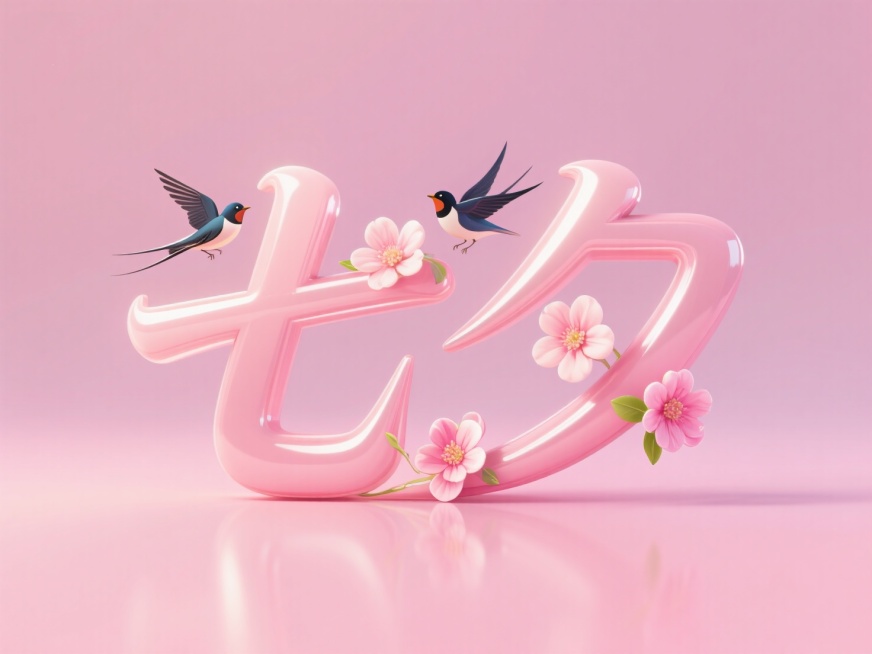 横向字体，七夕艺术字体，立体，融合喜鹊和花朵素材，底图为粉色，七夕两个字，喜鹊小一点，画面干净整洁预览效果