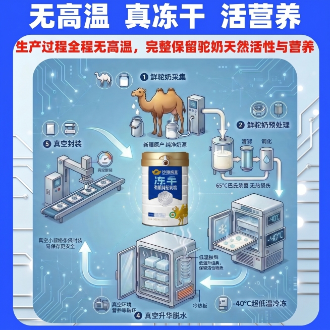 将图一中间位置的奶粉产品罐替换成图一中上传的那个沙海纯金冻干有机纯驼乳粉奶粉罐，其余所有内容、文字、排版、风格都保持和原图一致不变预览效果