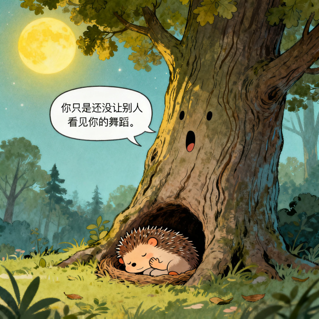 夜晚，刺猬小刺躺在老橡树底下自己的小窝里，摸着扑通扑通跳的心，失眠了一整夜，老橡树在旁边开口说话：“你只是还没让别人看见你的舞蹈。”，春天夜晚森林场景，保持刺猬形象一致，卡通清新风格预览效果