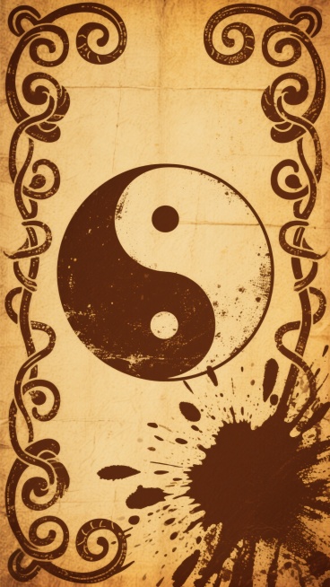 具有复古怀旧风格的八卦背景，主体为一个巨大的、占据画面中心位置的阴阳太极图案，太极图线条流畅，内部呈现深浅不一的棕褐色调，带有斑驳的纹理和轻微的磨损效果，仿佛历经岁月洗礼。背景是泛黄的旧纸张质感，整体色调以深浅不同的棕黄色为主，营造出古朴典雅的氛围。背景上装饰有对称分布的、卷曲缠绕的藤蔓花纹图案，花纹线条细腻，呈深棕色，与太极图风格统一。画面右侧和底部有不规则的、类似水墨或颜料泼溅的效果，颜色……预览效果