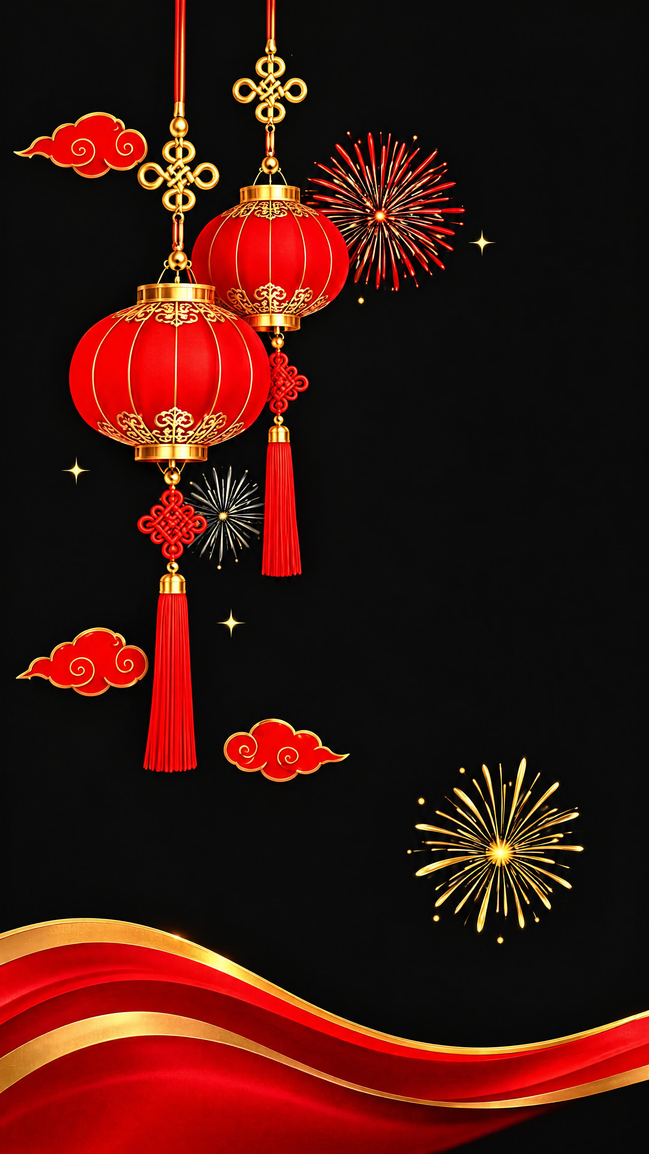 第1扇玻璃贴：黑色背景，画面左侧有两个红色圆形灯笼（一大一小悬… - 图片创意预览