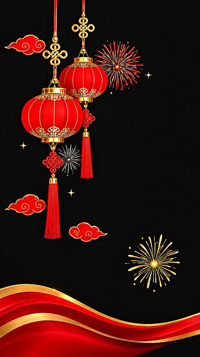 第1扇玻璃贴：黑色背景，画面左侧有两个红色圆形灯笼（一大一小悬挂），配金色中国结和红色长流苏，周围点缀红色祥云、金色烟花、红色烟花图案，底部有红金双色波浪飘带从左下向右延伸，高清精致，无任何标注线，单扇独立完整画面