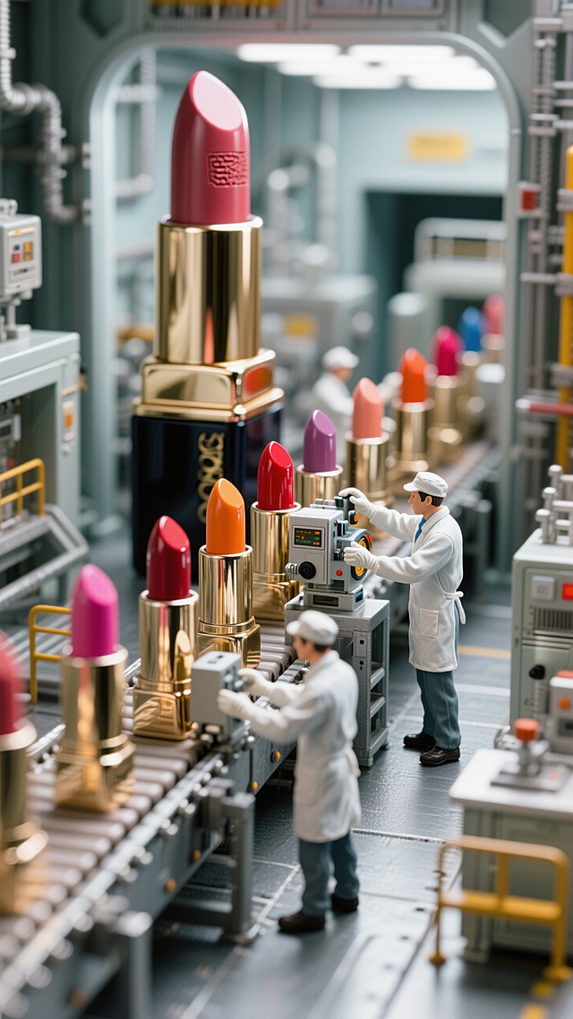一个巨大的口红，里面有一个微型工厂，从工厂里延伸出来一条传送带，穿着工作服、戴着白手套的工人在操作仪器，传送带上是口红