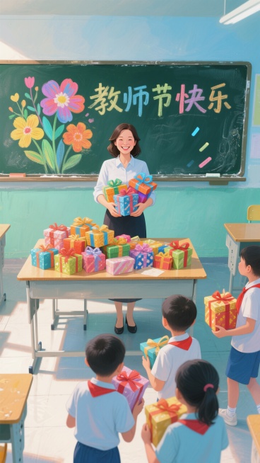 一间教室里，黑板上写着“教师节快乐”，旁边画着好几朵花。一位笑容非常好看的女老师手里拿着很多礼物，并且桌子旁边也有很多学生送的礼物。底下的同学们正在拿着礼物送给女老师。真人风格，画面整体浅蓝加浅绿色。预览效果