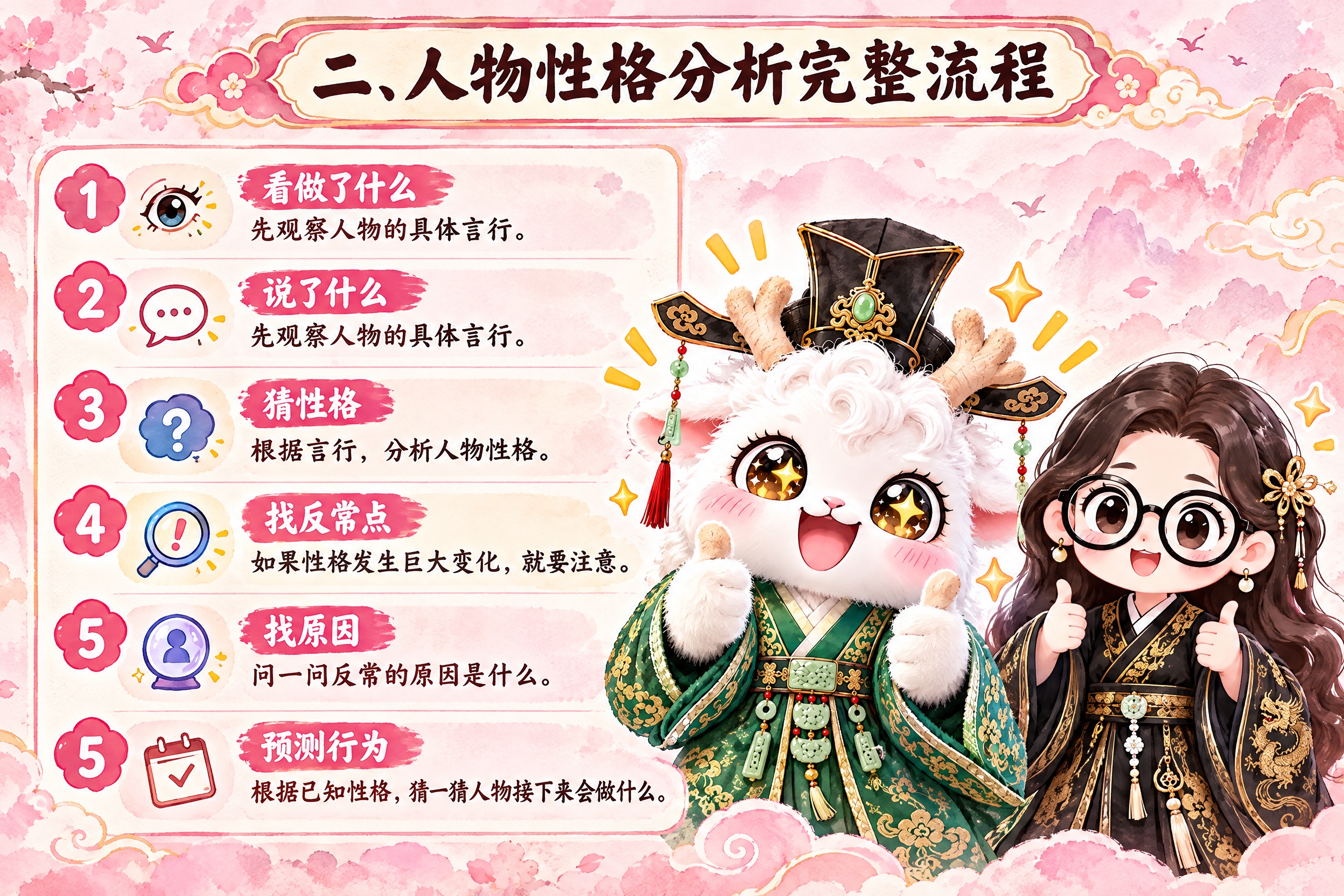 横版6寸比例的知识卡片设计，标题为"二、人物性格分析完整流程"… - 图片创意预览
