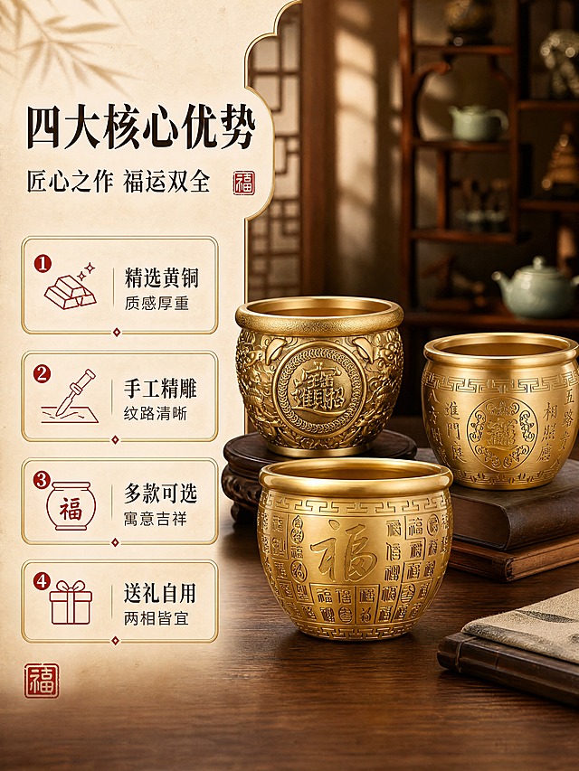 [商品] 使用【图1】【图2】【图5】三款黄铜缸；分别保留百福款、招财进宝款、祥龙浮雕款的各自造型、雕刻纹样、颜色质感与真实比例；三款铜缸均清晰展示，突出各自特色图案；不改变商品结构与本体文字。
[画面] 页面目标：核心卖点总览，4大核心优势直观呈现。构图：左文右图版式，左侧约40%区域放卖点文案，右侧约60%区域错落摆放三款铜缸形成层次；前景木质桌面，中景三款铜缸高低错落（百福款居中前、招财款居右后、祥龙款居左后），后景虚化中式博古架与茶具；整体营造中式家居陈列氛围。
[视觉] 套系策略：风格=新中式轻奢国风商业摄影；标题字=宋体加粗（典雅厚重）；正文字=思源黑体简洁端正；主色=暖金+深棕木色；背景延展=基于暖棕木色做深浅渐变、宣纸纹理、中式窗格光影层次；强调色=朱砂红，仅用于小面积印章、点缀图标和引线；标题色=深棕近黑；正文色=暖棕灰；组件=圆角描金信息卡、细金线引线、朱砂红印章元素；光影=左前侧45°暖柔光，突出黄铜金属反光与雕刻凹陷阴影。
[文字] 左侧上方：主标题「四大核心优势」（6字），副标题「匠心之作 福运双全」（8字）；下方4个卖点图标+文字横排：「① 精选黄铜 质感厚重」「② 手工精雕 纹路清晰」「③ 多款可选 寓意吉祥」「④ 送礼自用 两相皆宜」；每个卖点配简约线描图标。
[规格] 图片比例3:4竖版，4K分辨率，负向提示：避免变形、错字、文字过小、冷蓝背景、铜色偏色、款式混淆、塑料质感、京东Logo/平台水印、绝对化用语。