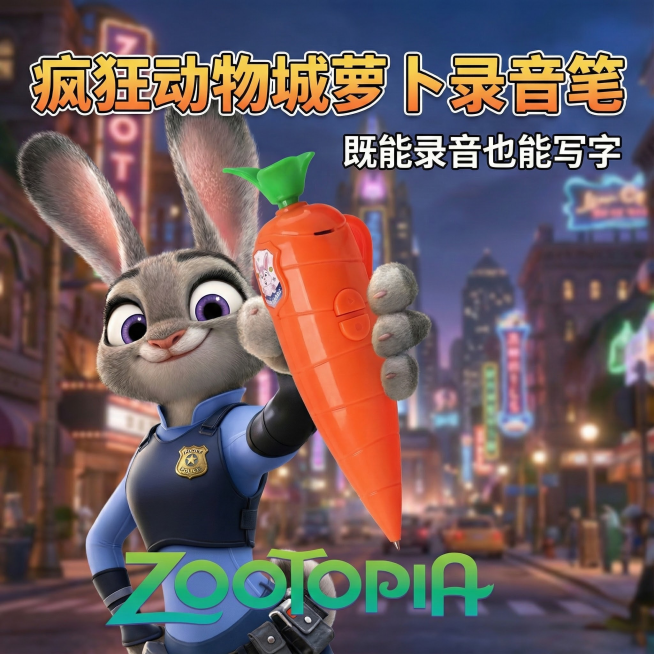 这是一款疯狂动物城2萝卜录音笔，既能录音也能写字，换个背景，不要纯色，要关于疯狂动物城2的相关背景，把背景虚化，第一眼要看到萝卜录音笔，主次要分明，视觉中心是萝卜笔，第一眼也要看到萝卜录音笔，添加【疯预览效果