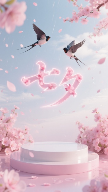 桃花粉白色圆形展台，展台两边是桃花，展台后面天空有七夕两字，两只小喜鹊飞在七夕上面，花瓣雨，背景是桃花粉白色，霓虹光效。预览效果